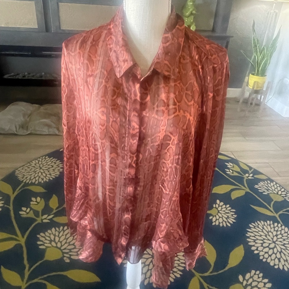 Silky copper colored multi-patterned blouse
